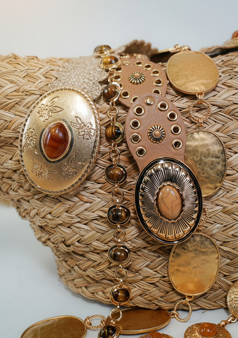 Gold and bronze jewelry with circular designs on a textured surface