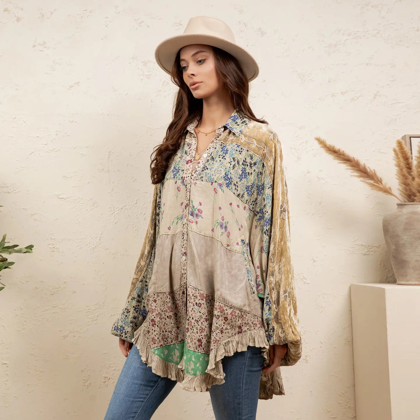 Vintage mixed print patchwork bat sleeve top in earthy taupe and floral — velvet panels, balloon sleeves with tassel trim, ruffle hem, boho-luxe style by Young Threads
