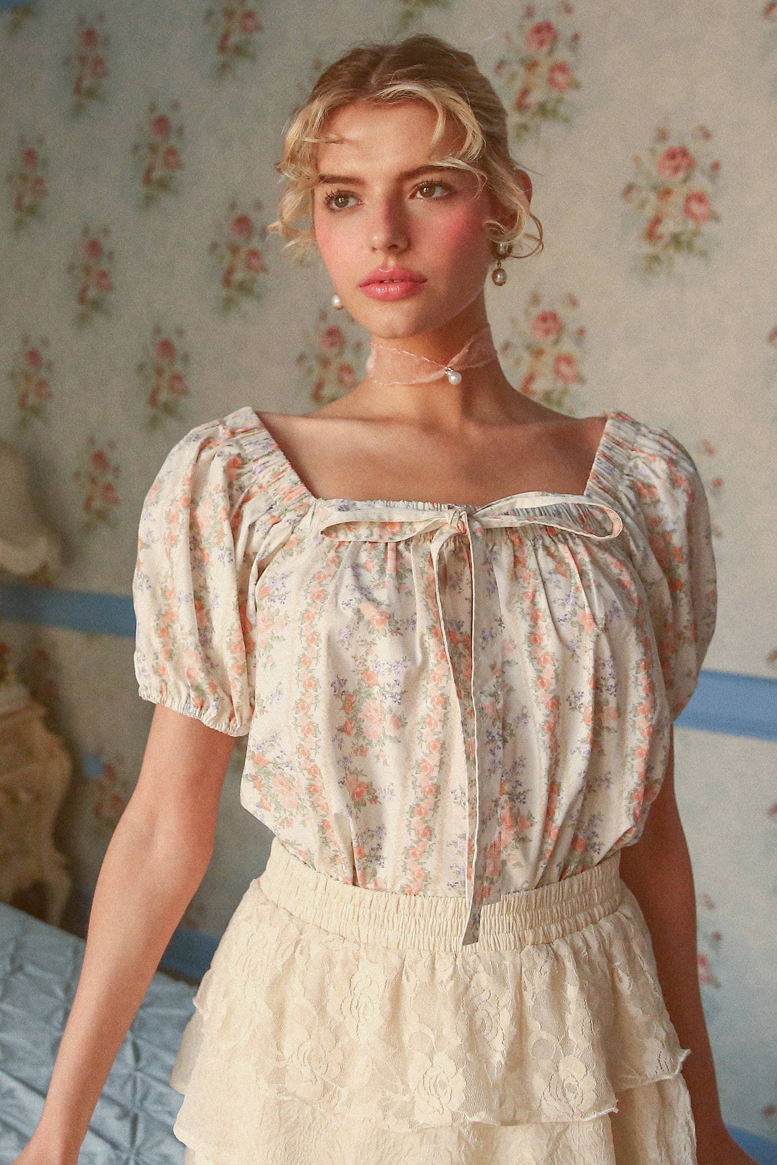 Pink Flower Floral Puff Sleeve Blouse