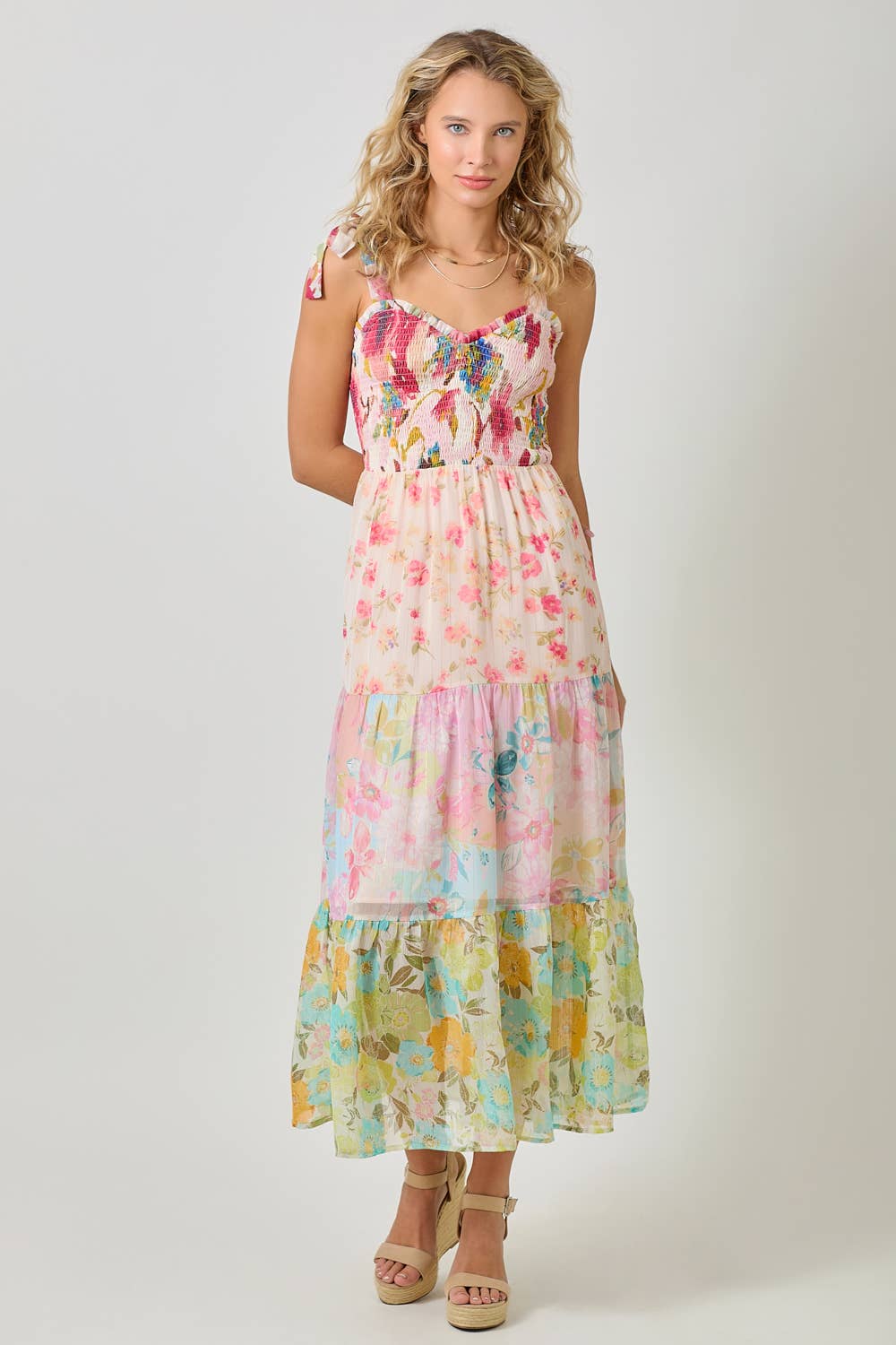 The Garden Dreams Tiered Maxi Dress - front view showing ruffled sweetheart neckline and pleated tiers