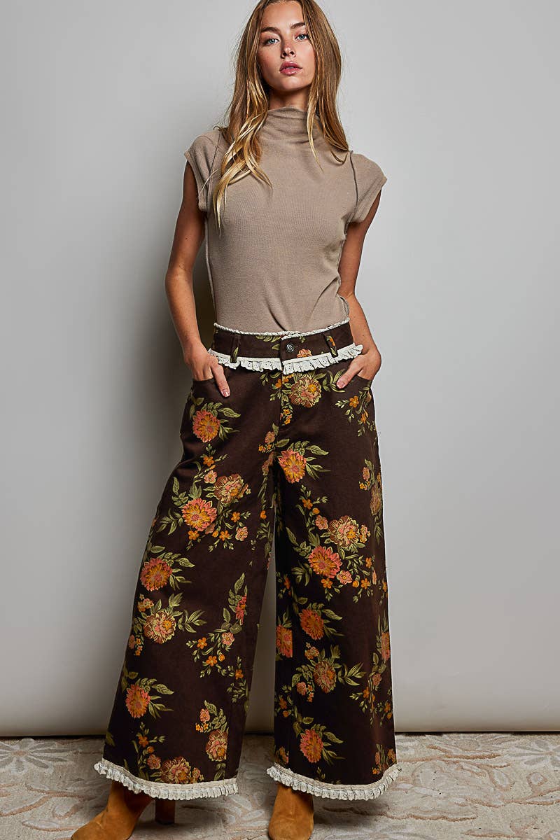 Taupe vintage wash mock neck rib knit top, front full-length view styled with dark floral wide-leg pants