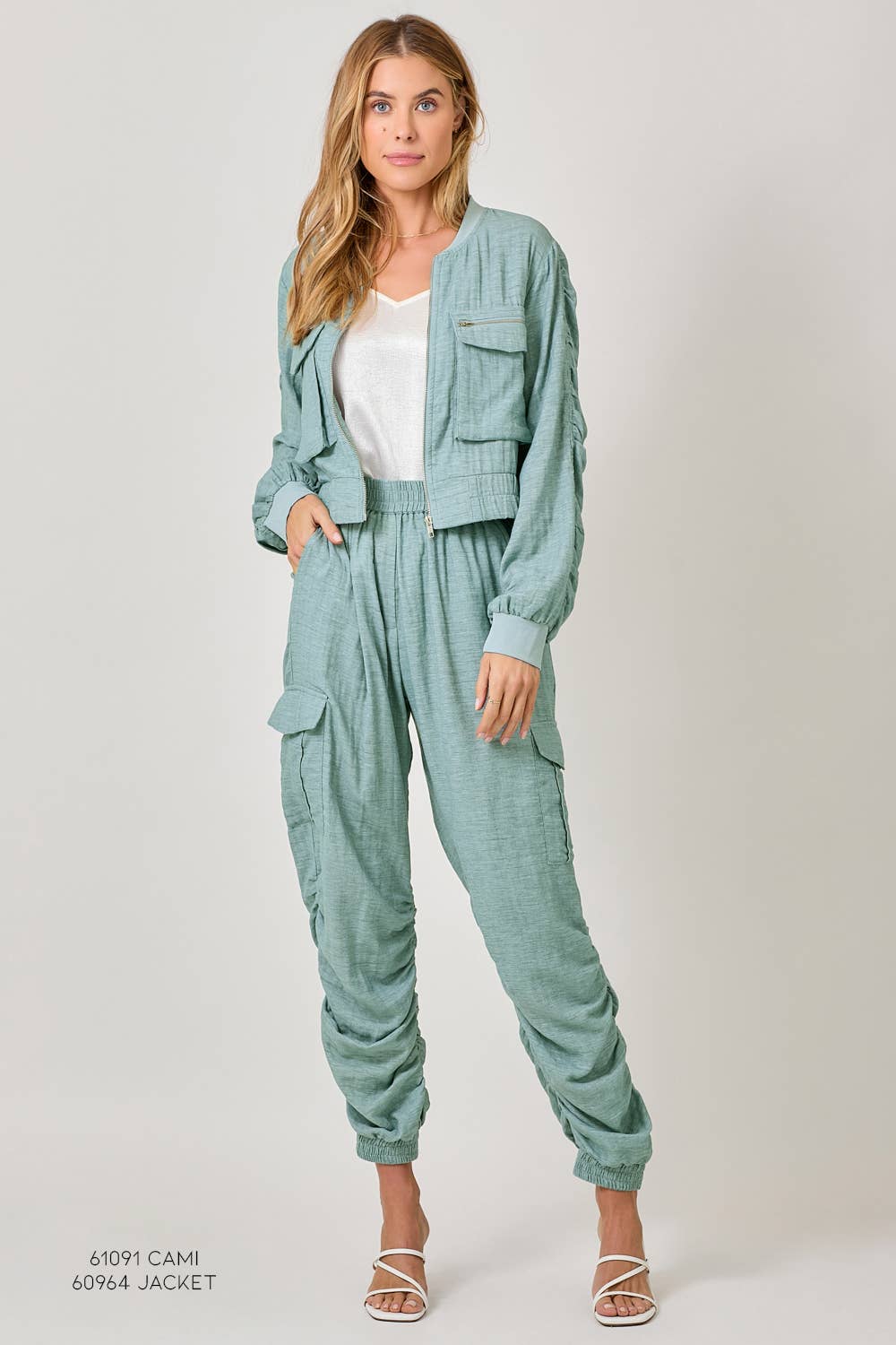 The Harper Shirred Joggers - front view showing side shirring detail and jogger silhouette