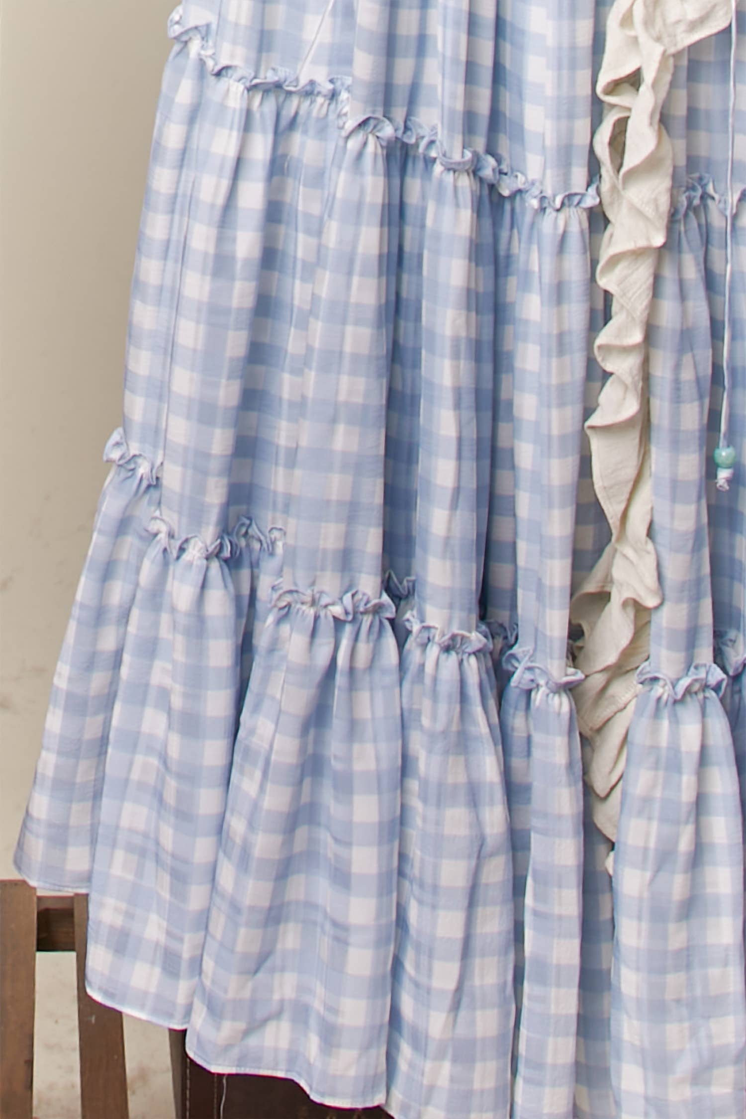 Blue ruffle cardigan dress detail - unique design with yards of premium flowing material
