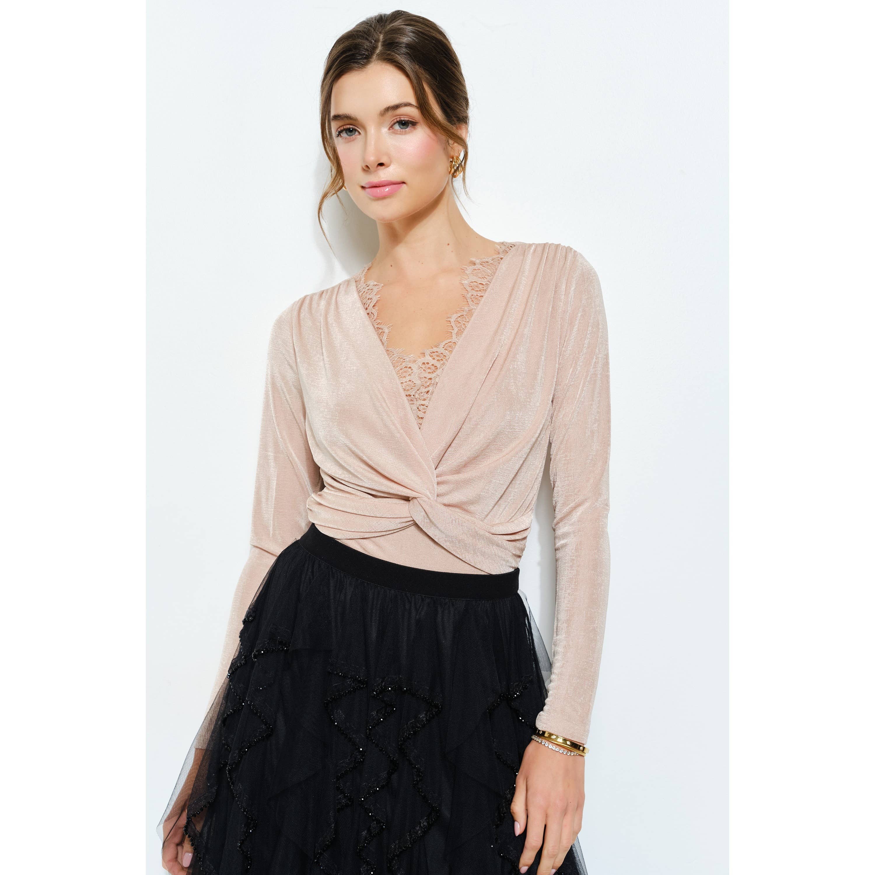Velvet Twist-Front Long Sleeve Top