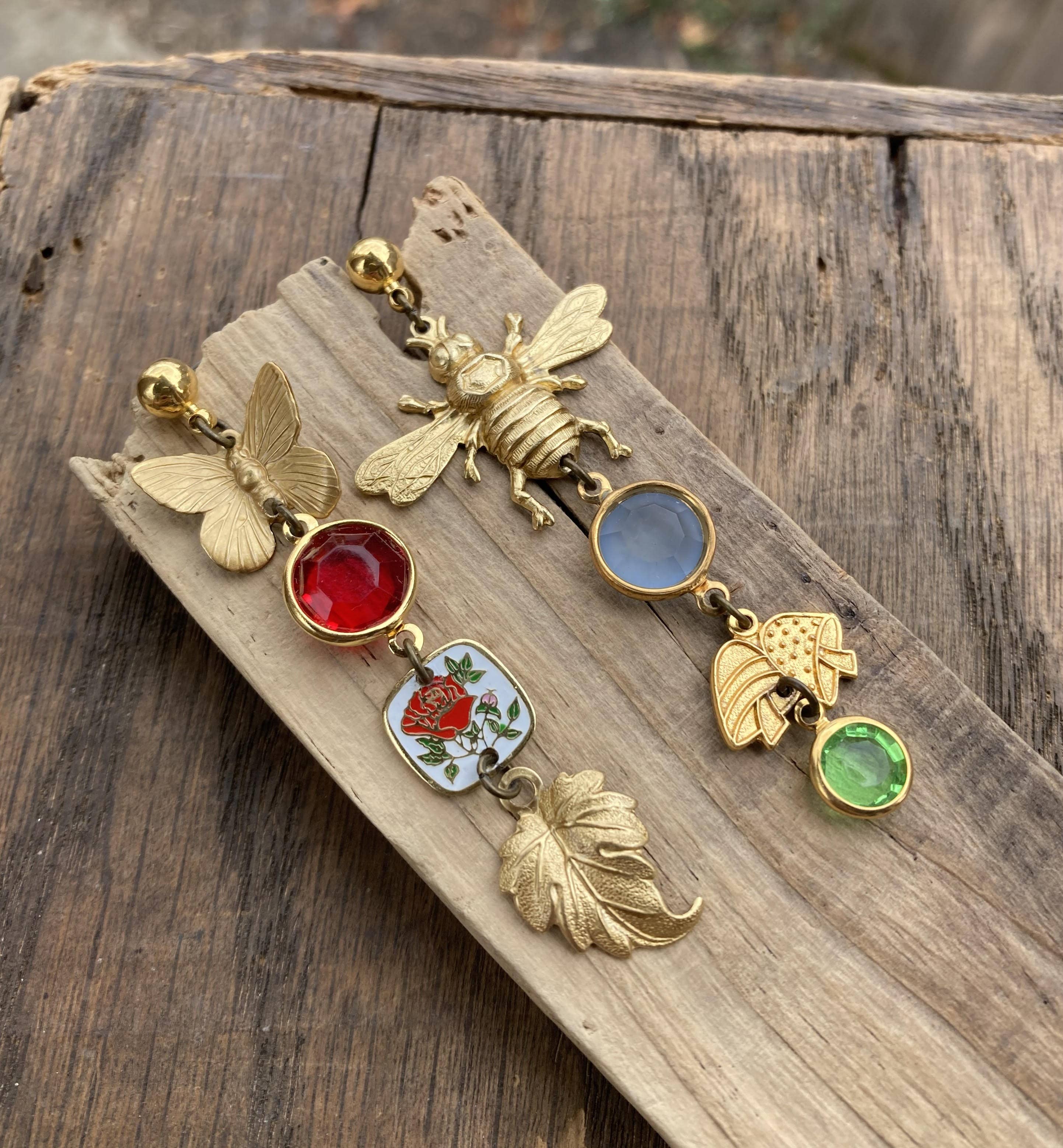 Nature Study Brass & Crystal Charm Earrings