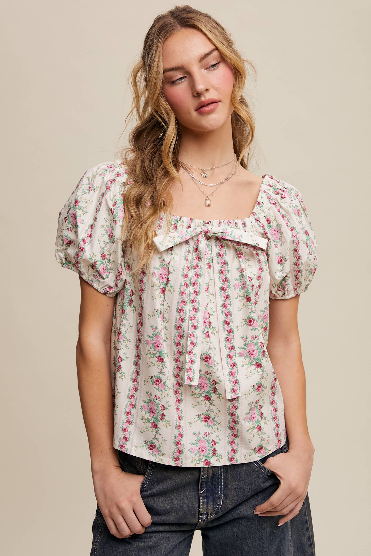 Pink Flower Floral Puff Sleeve Blouse