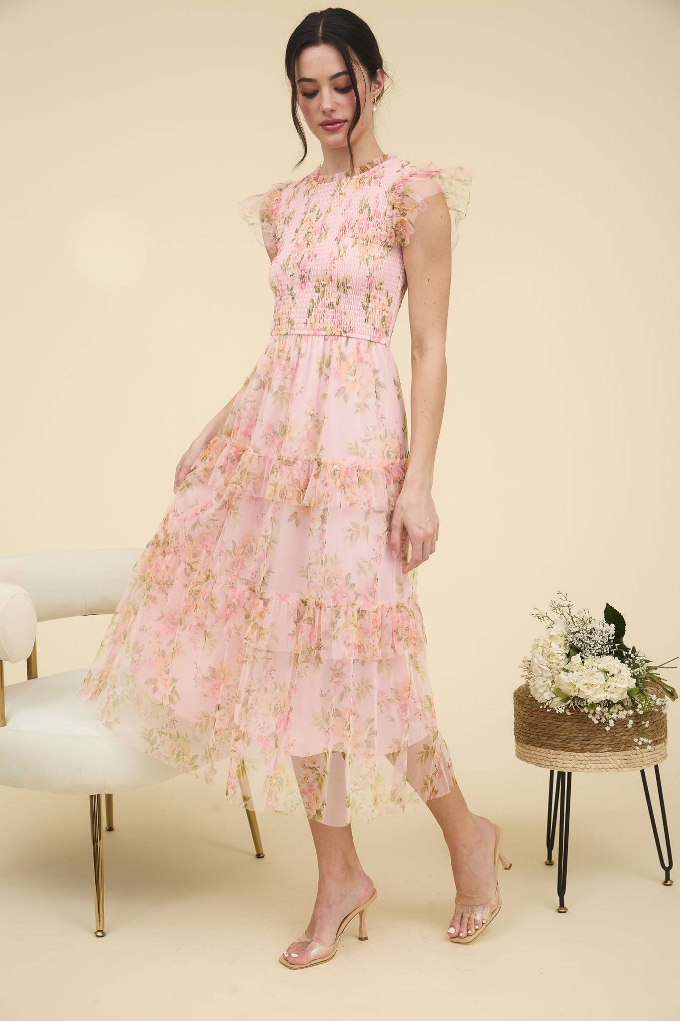 Pink Floral Smocked Ruffle Tiered Maxi Dress