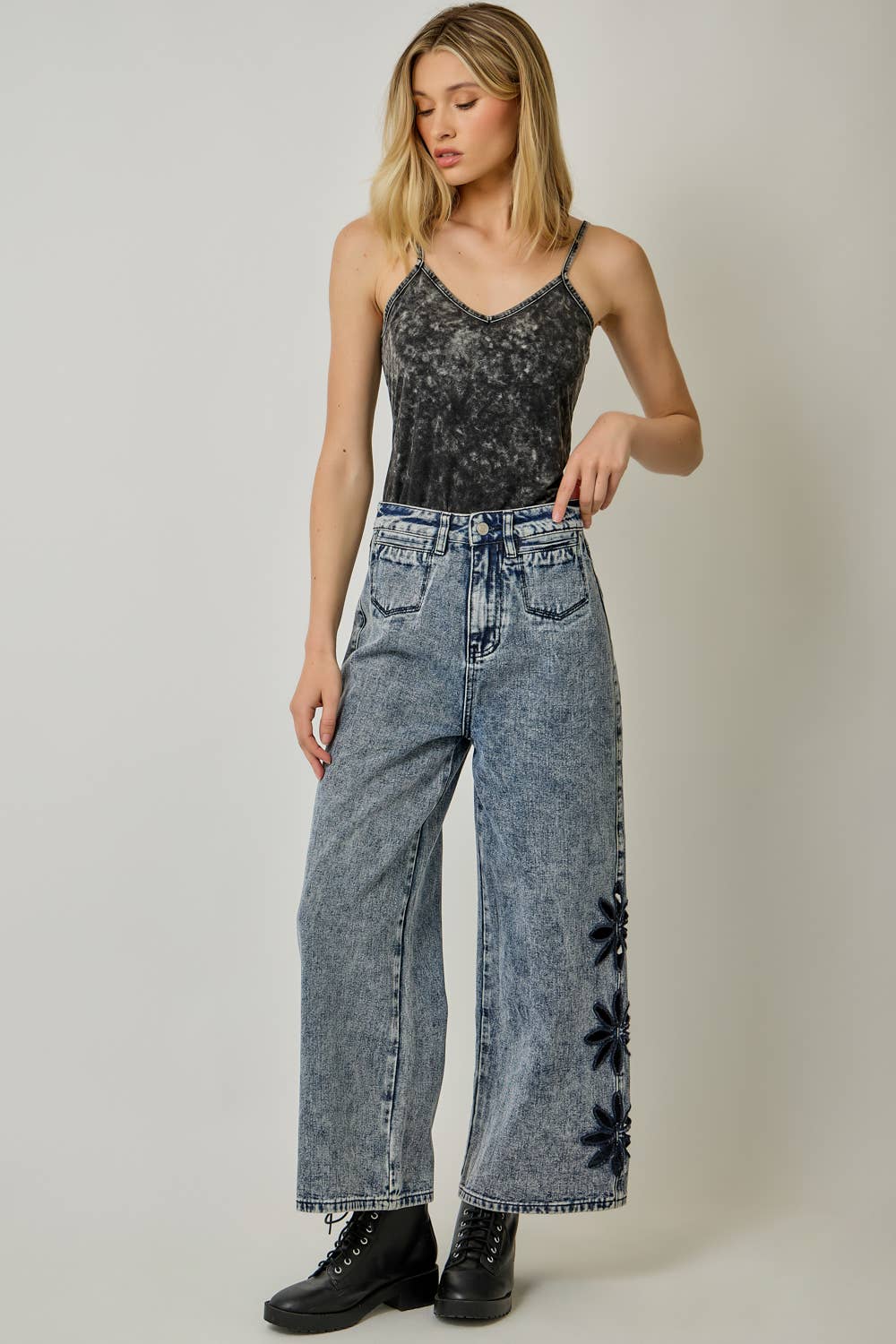 Daisy Embroidered Wide Leg Jeans