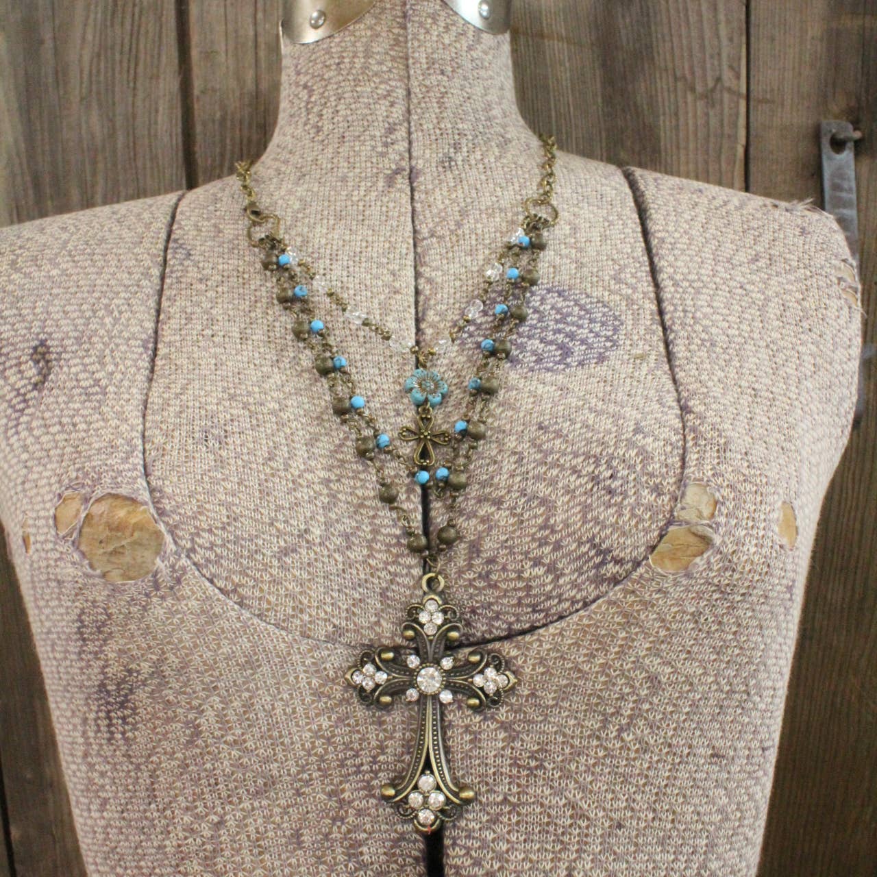Vintage Bronze Cross Denim Czech Pendant Layered Necklace