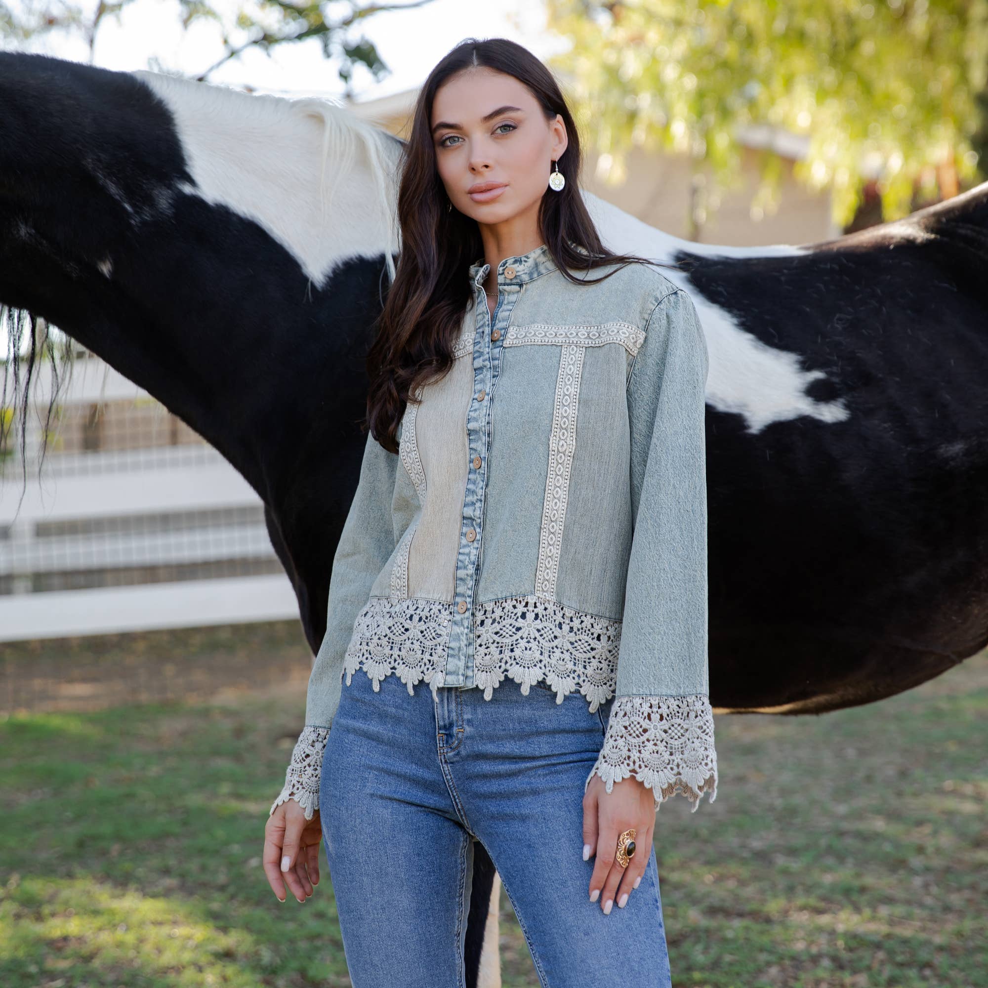 The Havannah Lace Trim Denim Top - front view showing button-down design with delicate lace trim details