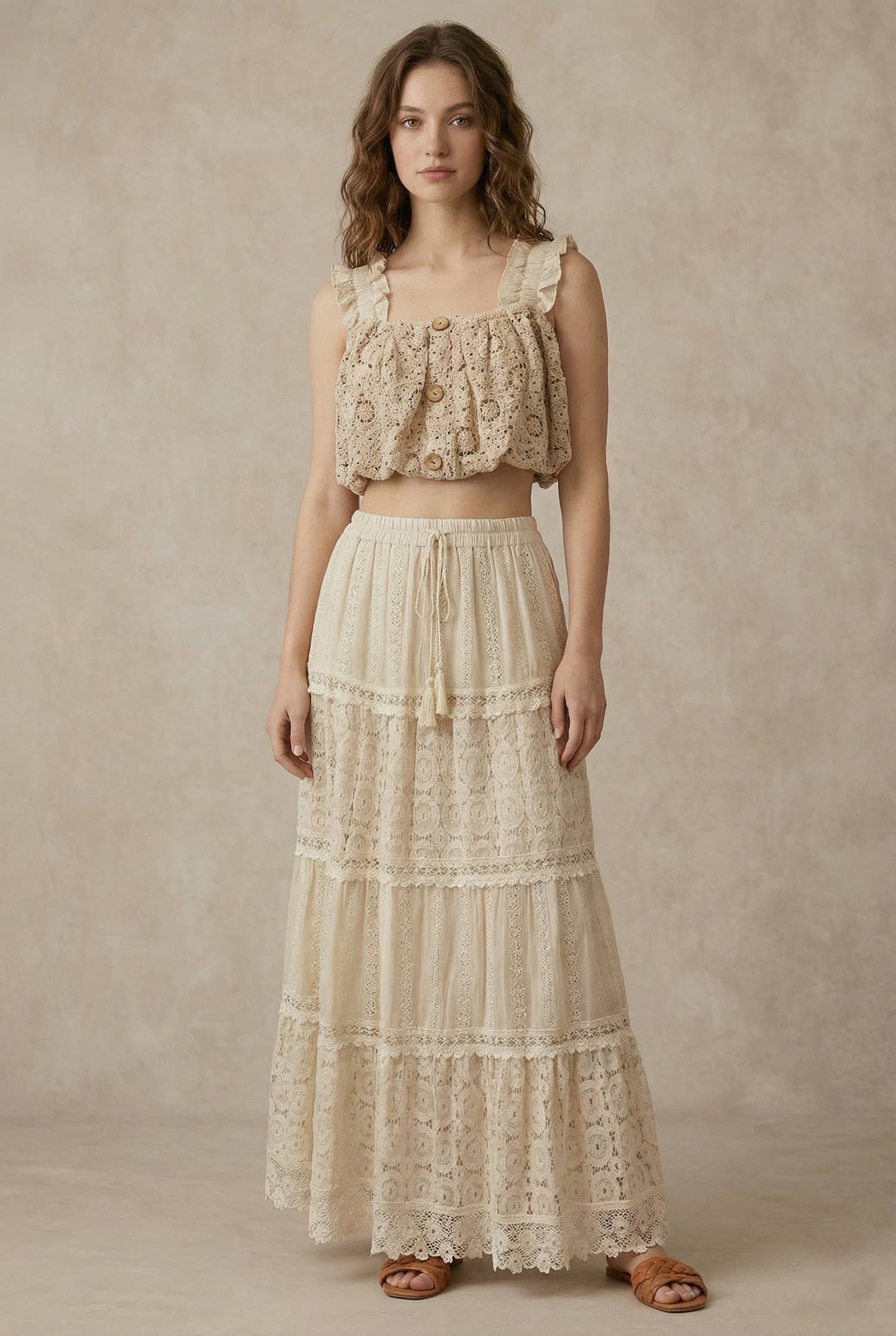 Bohemian lace crop styled - elegant cropped silhouette with button-down front and intricate sleeves