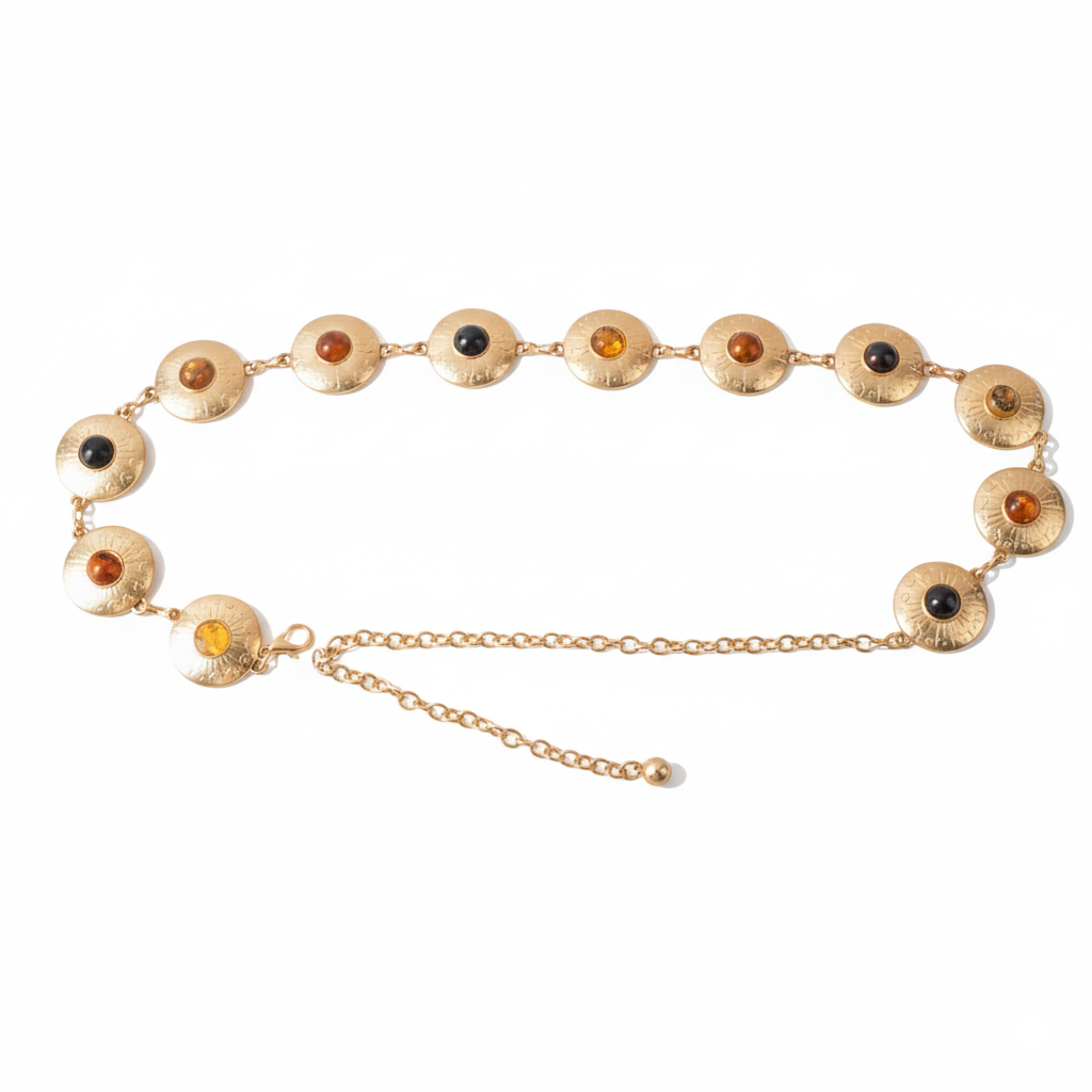 Gold belt with circular discs featuring colored stones on a white background