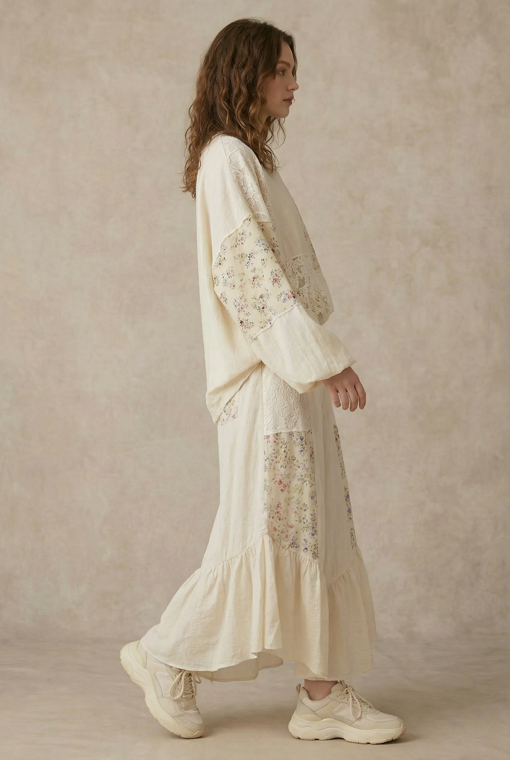 The Gypsy pants side angle - flowing wide-leg pants with cascading ruffles and elastic waistband