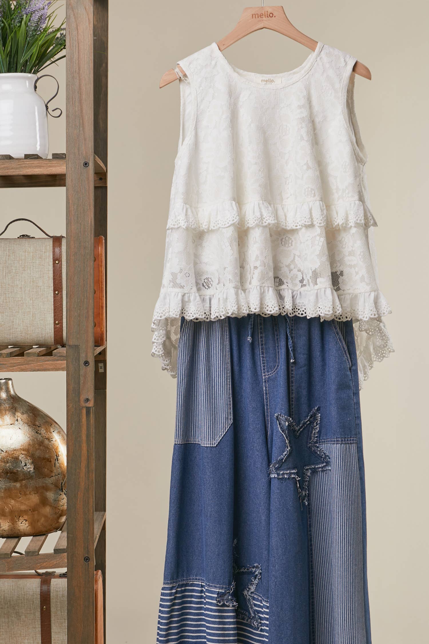 Grace Lace high-low tunic - front view showing layered lace construction with romantic flowing hemline