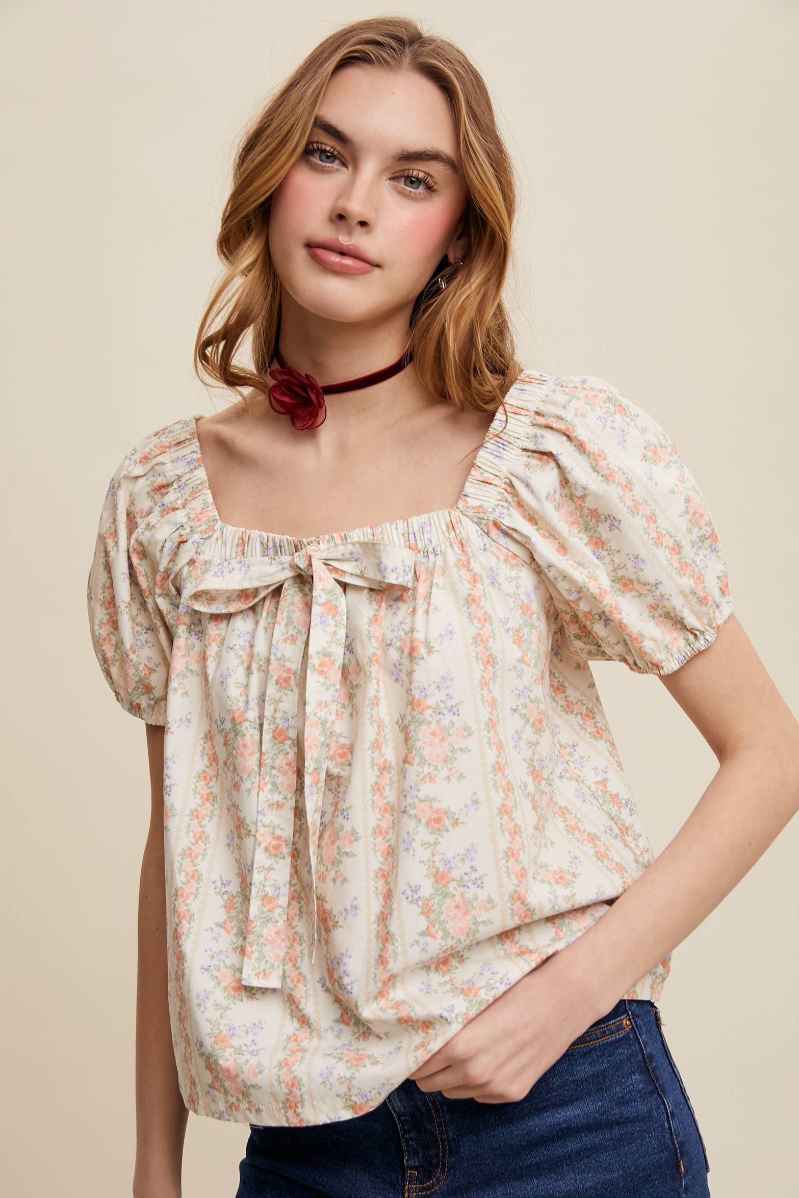 Pink Flower Floral Puff Sleeve Blouse