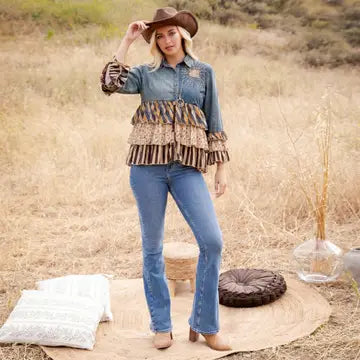 Denim Yoke Patchwork Tiered Tunic