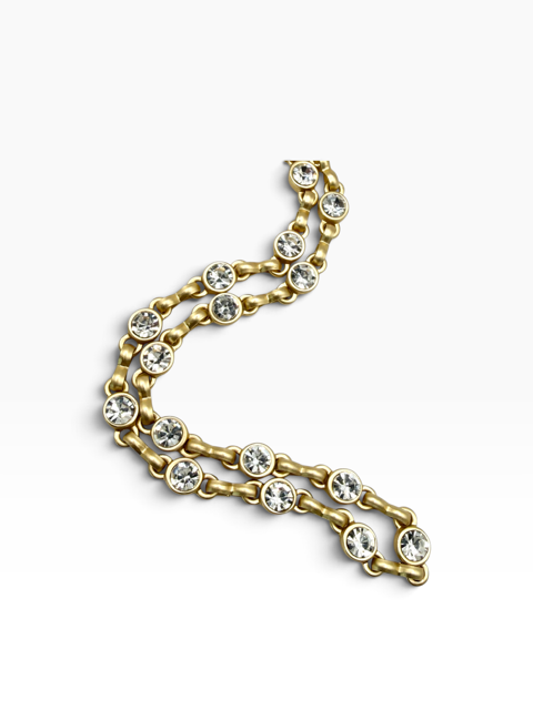 A gold-toned chain necklace featuring multiple round clear rhinestones set in a wavy, linked design, photographed on a clean white background.