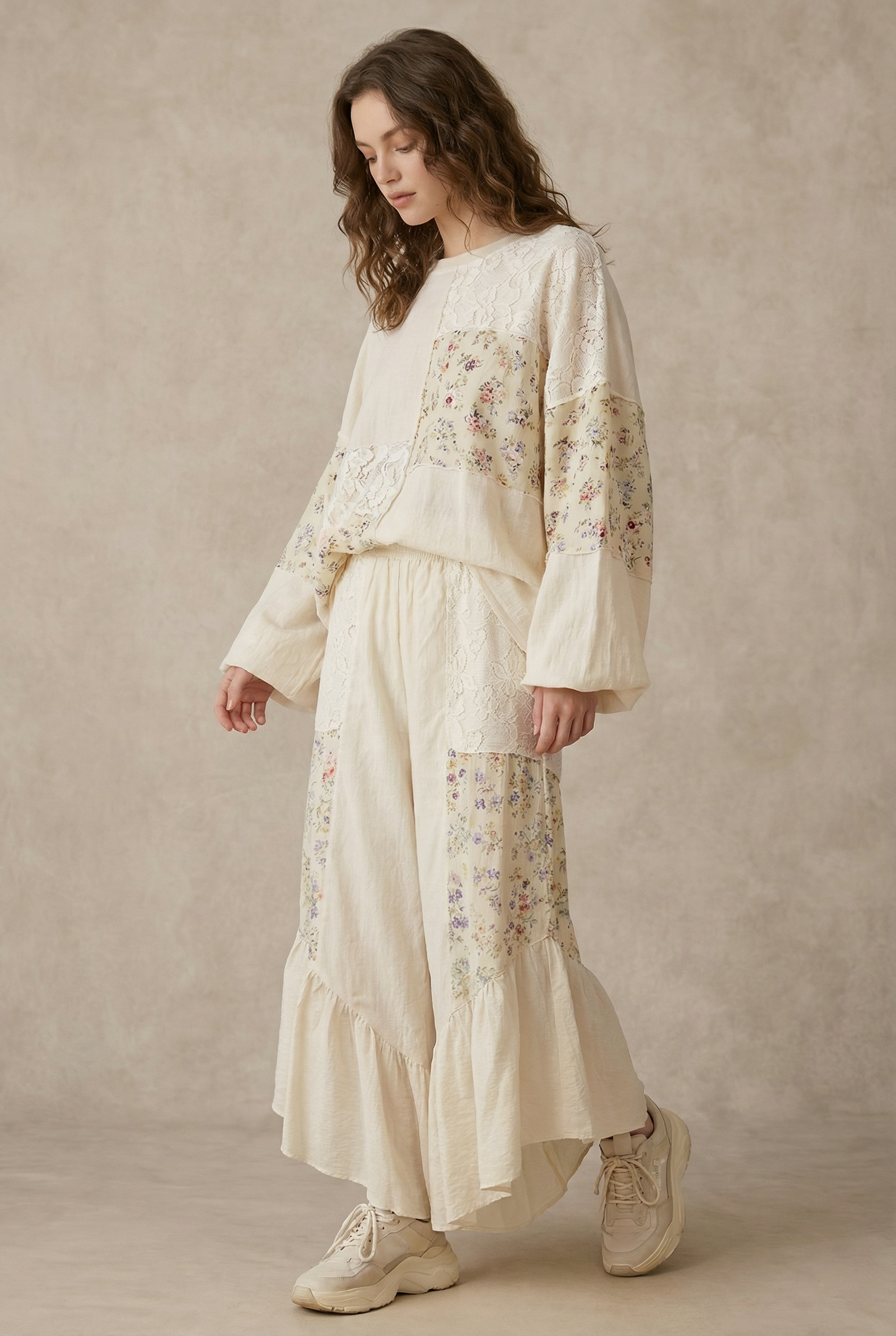 Boho ruffle pants back view - wide-leg silhouette with artisanal floral patchwork construction