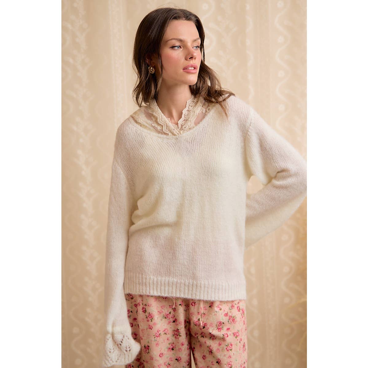 Ivory Lace Hoodie Fringe Sweater