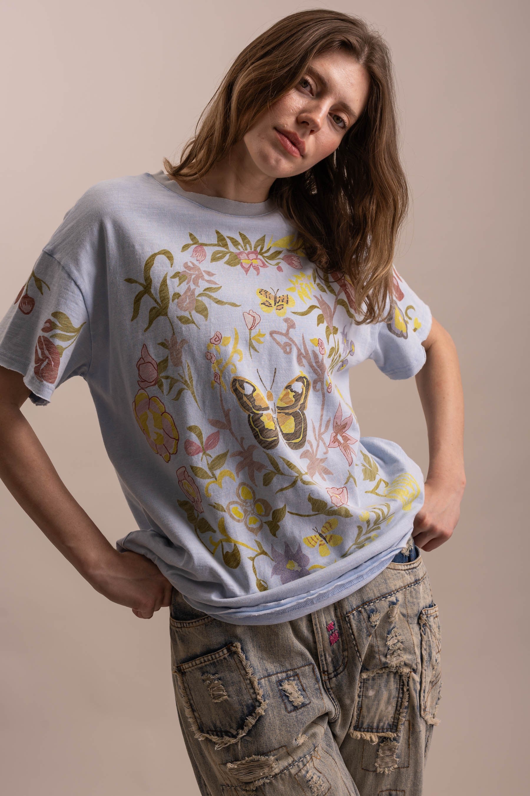 Dusty Blue Butterfly In Garden Print Top