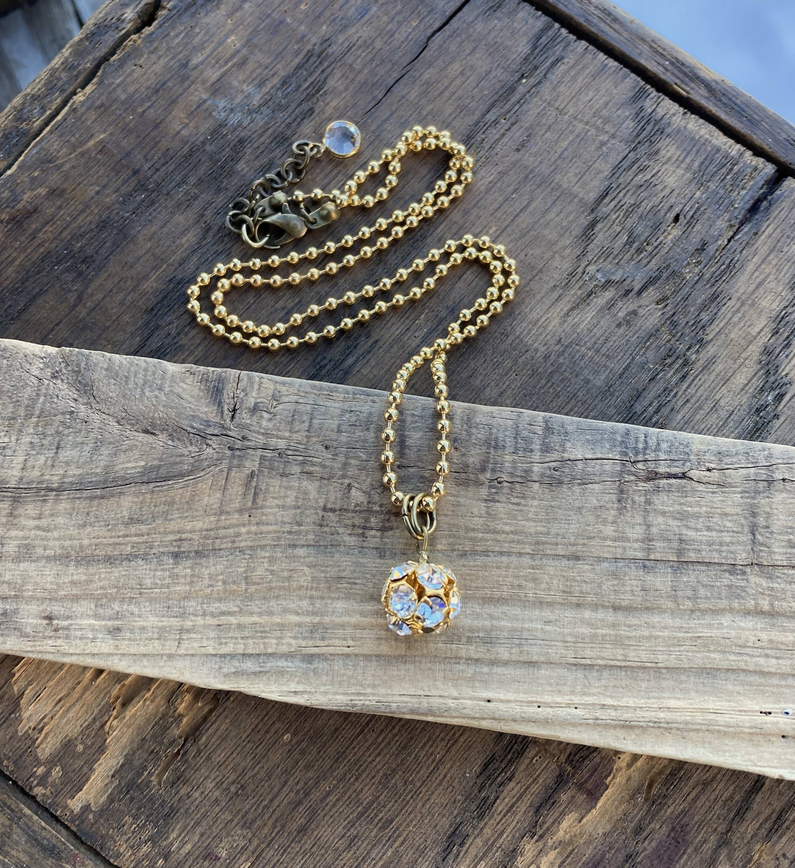 Clear Rhinestone & Gold Ball Charm Pendant Necklace
