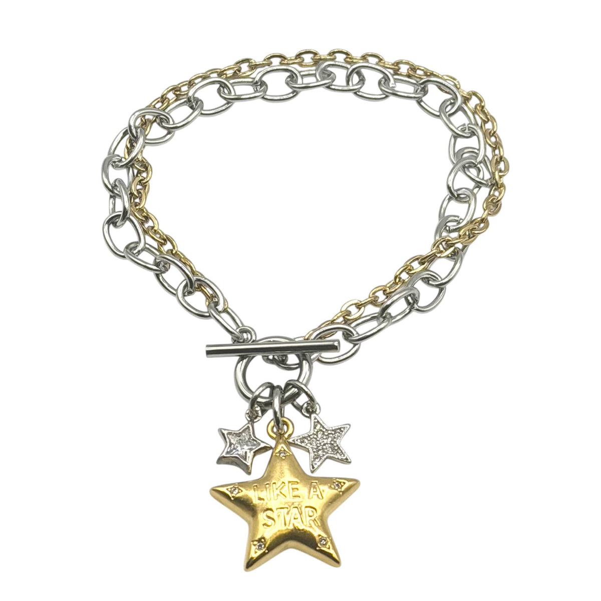 Bracelet: Mixed-metal bracelet with silver- and gold-tone chains, a toggle clasp, two small silver stars, and a gold star engraved “Like a Star.”