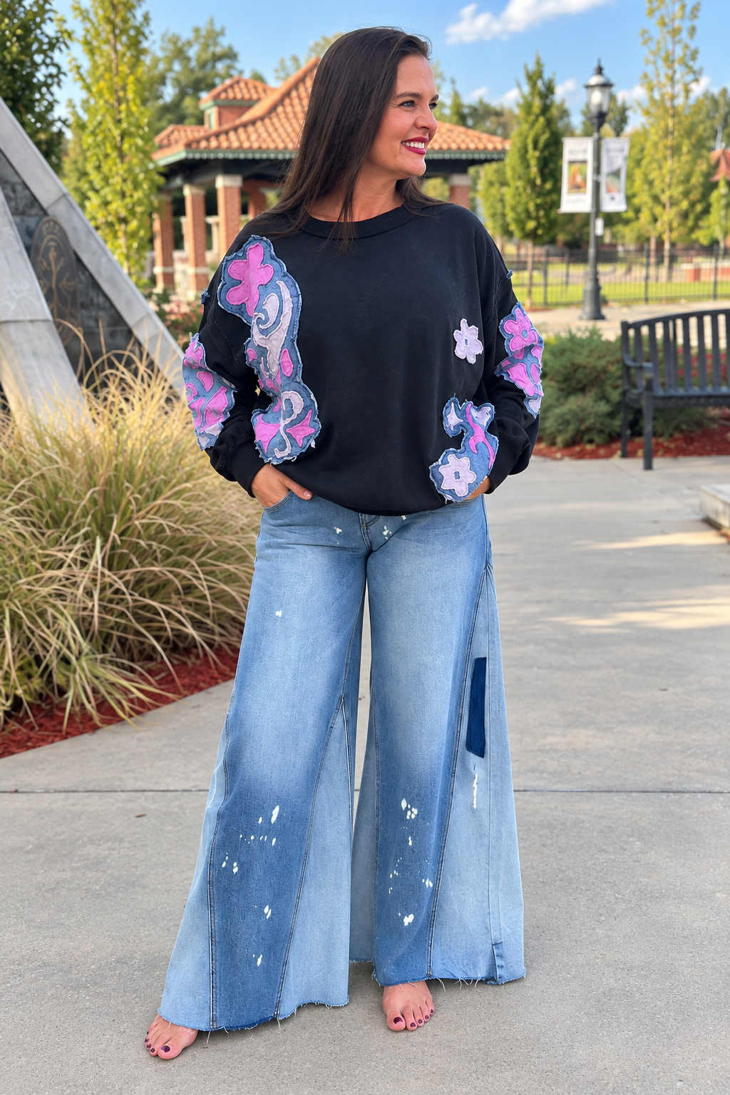 Casual boho denim patchwork pullover with a relaxed fit