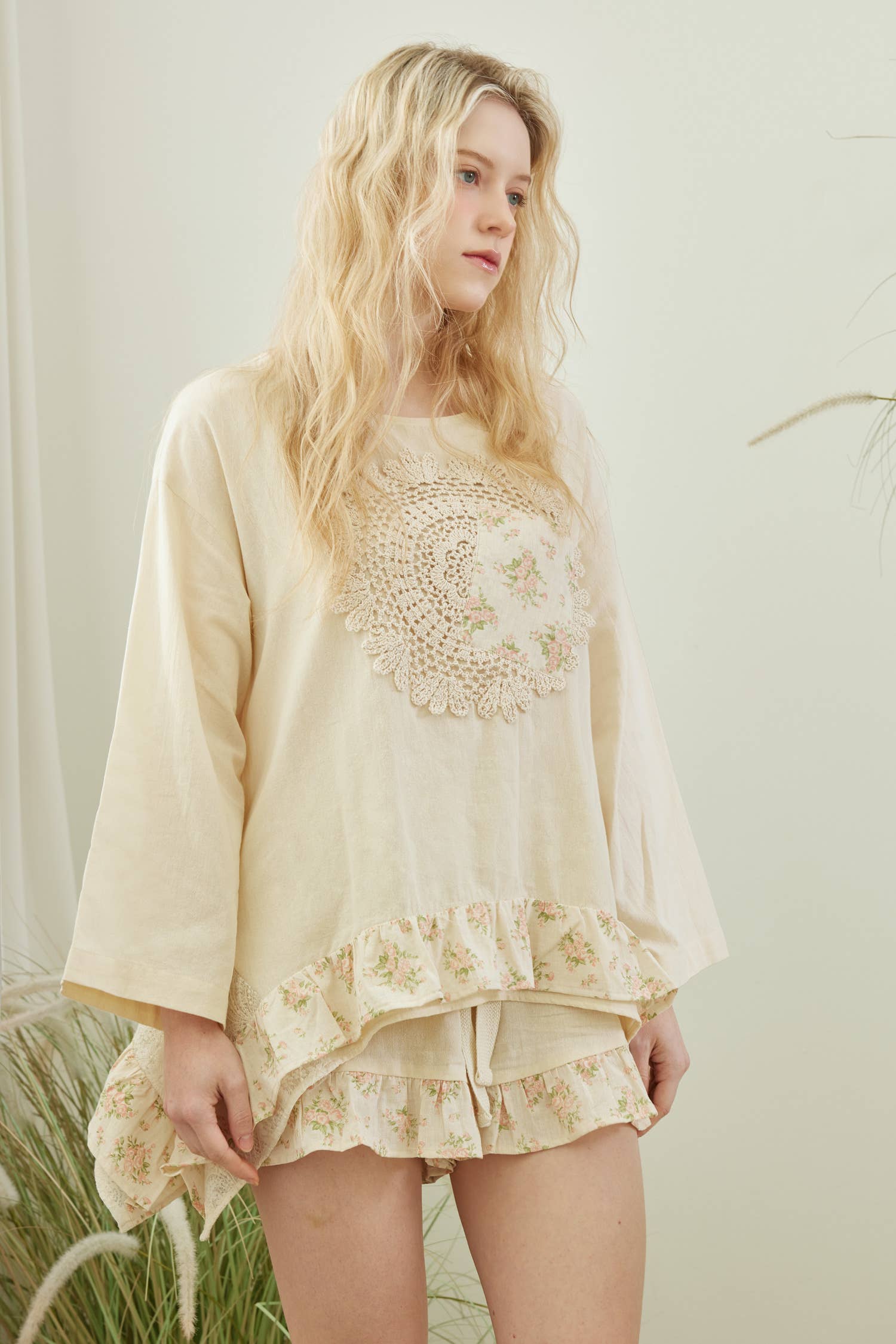 Oversized patchwork top back view - flattering relaxed silhouette with handcrafted artisan detailing