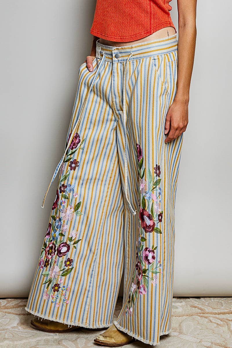 Angled view of Marigold Revival striped wide-leg jeans showing floral
