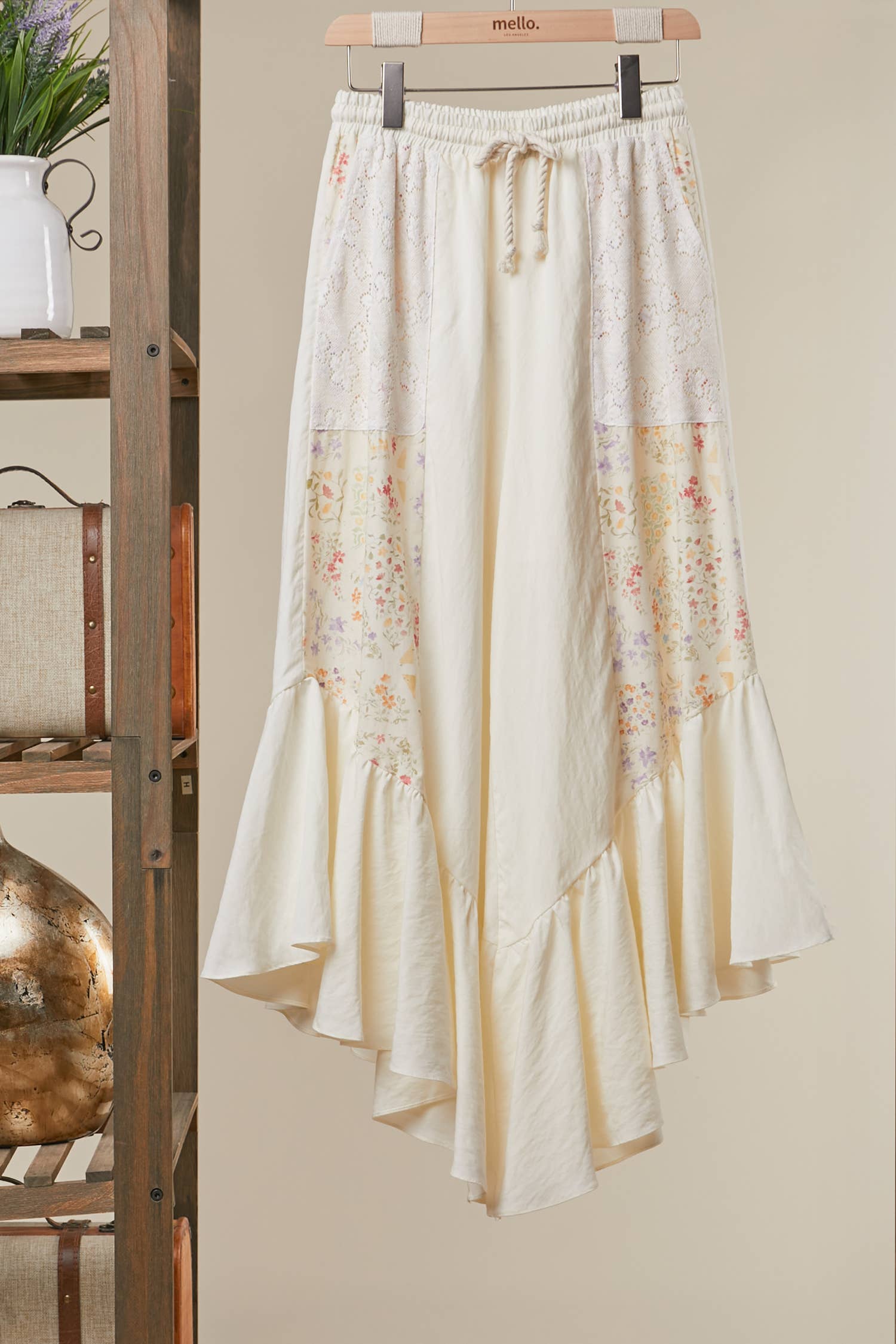 The Gypsy pants texture detail - intricate floral patchwork with romantic ruffle embellishments