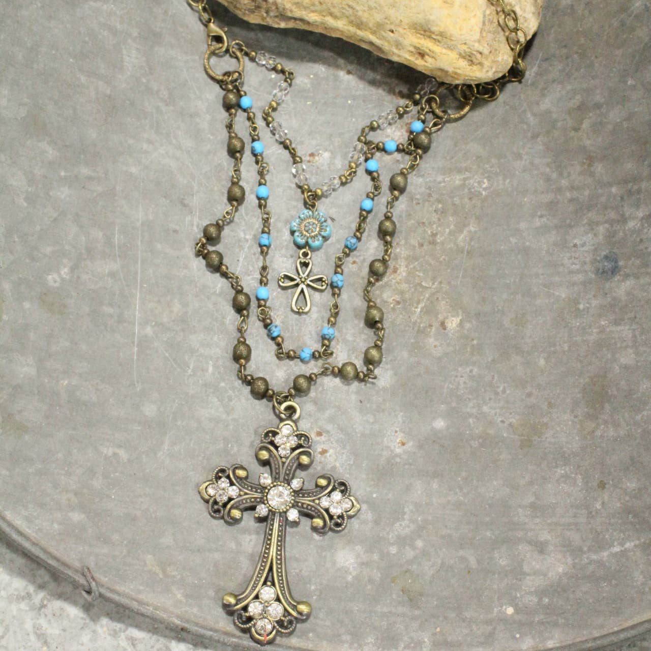 Vintage Bronze Cross Denim Czech Pendant Layered Necklace