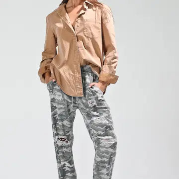 Full front view, camel top + distressed camo joggers