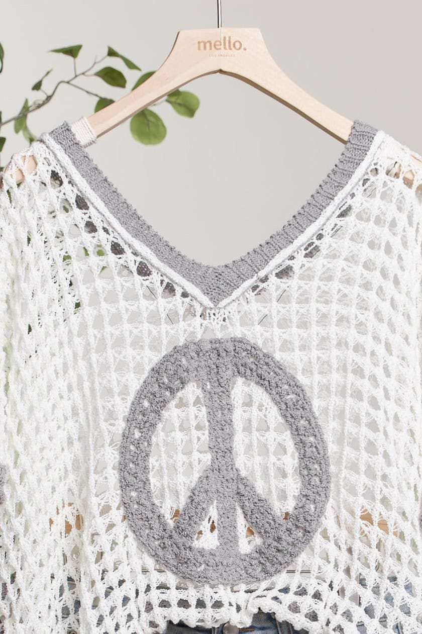 Crochet V Neck Knit Top with Peace Patch