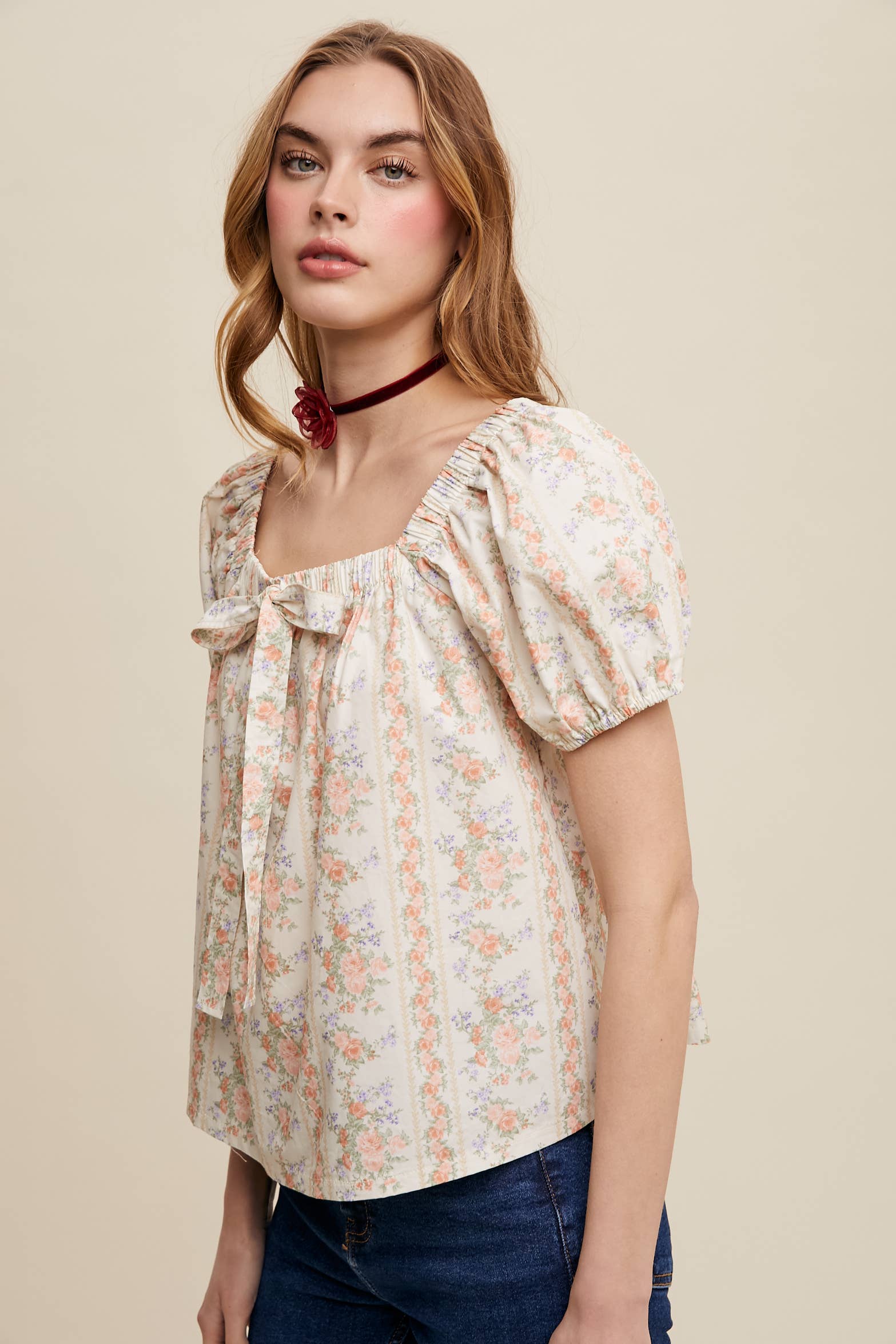 Pink Flower Floral Puff Sleeve Blouse