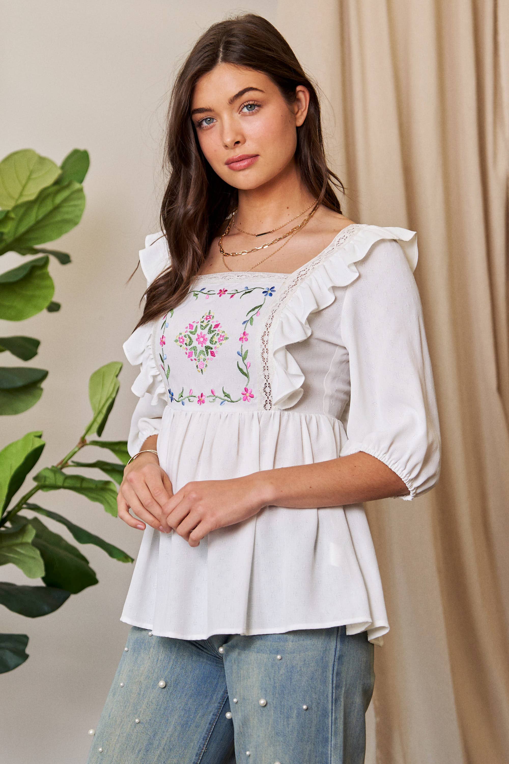 Plus Size Tie Back Floral Embroidery Top