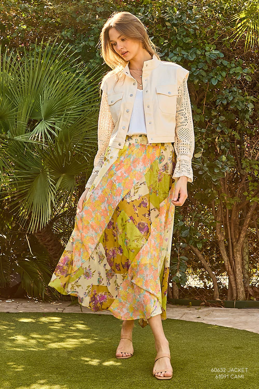 The Citron Mixed Print Skirt - full-length view highlighting flowing maxi length and artisan print pattern