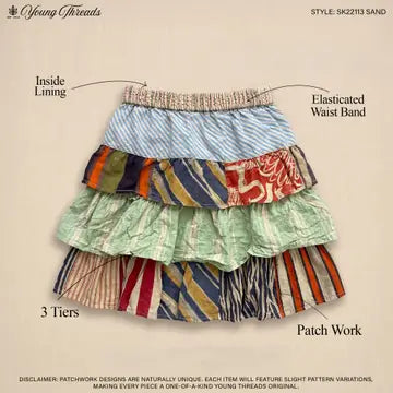 Young Threads product diagram labeling inside lining, elasticated waistband, 3 tiers, and patchwork