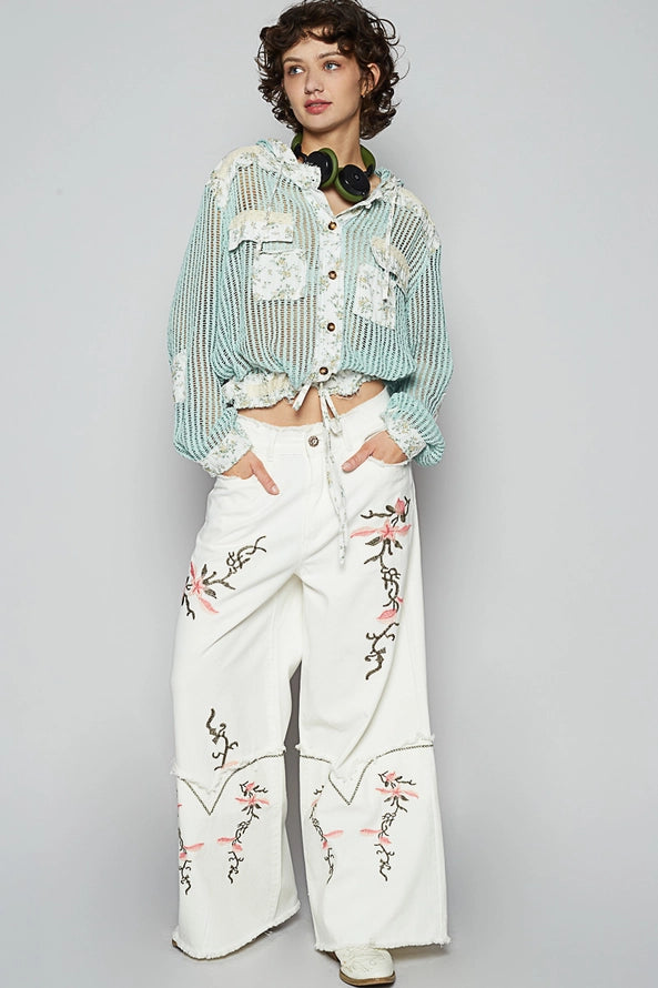 Floral Embroidery Detail Woven Pants