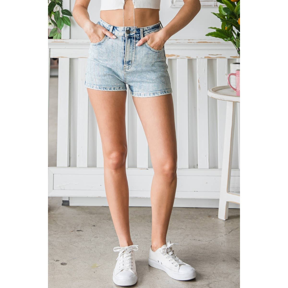 Sparkle & Shine Rhinestone Stripe Denim Shorts