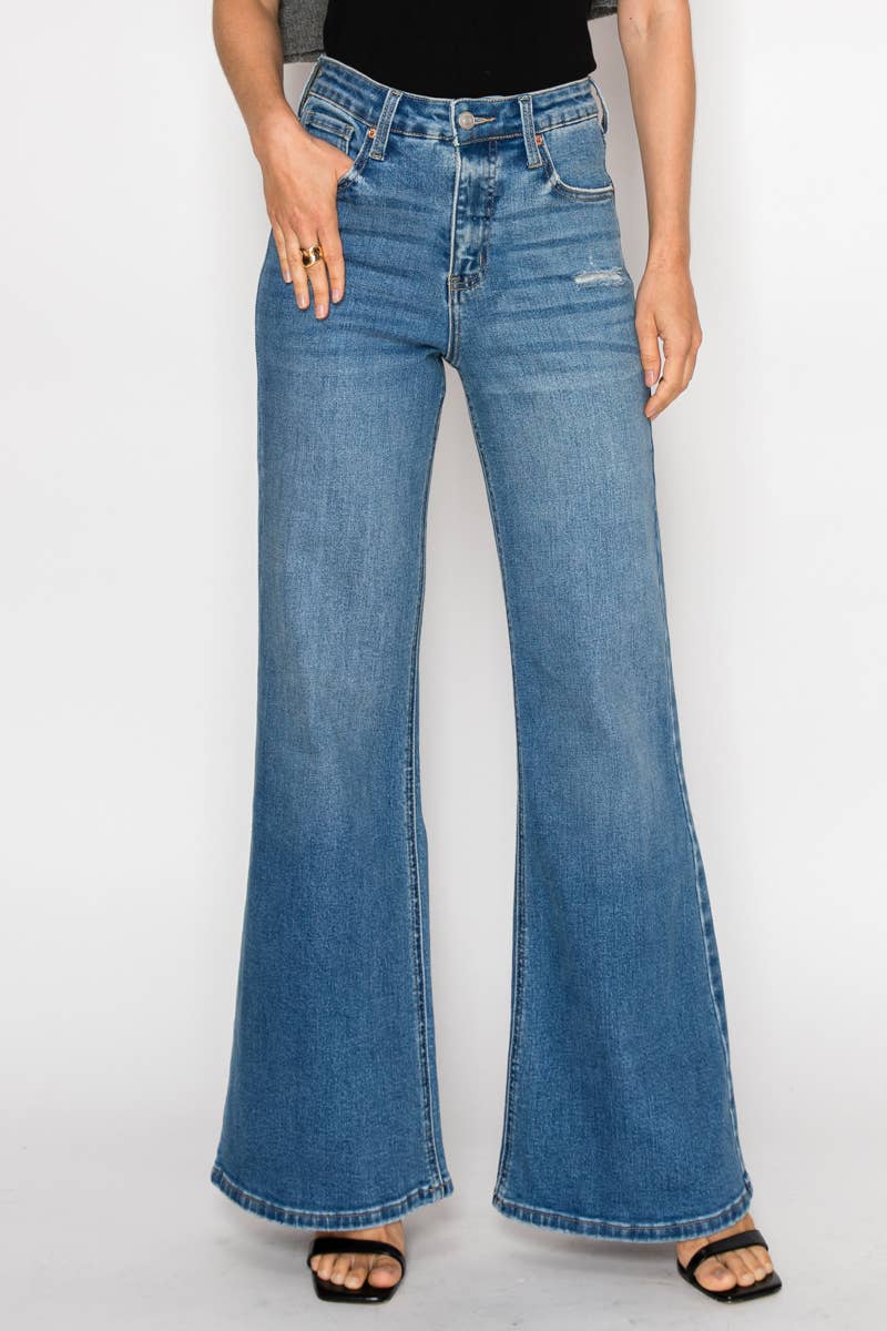 High-rise palazzo jeans back view - classic 5-pocket styling with long wide-leg silhouette and super stretch fabric