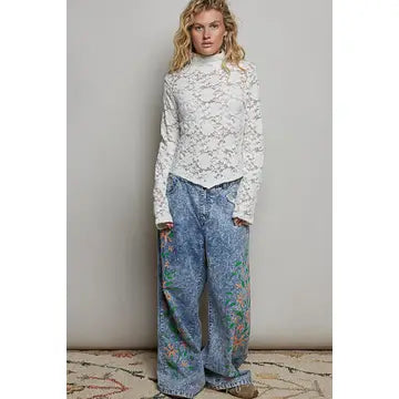 full-length front — styled with wide-leg floral print jeans