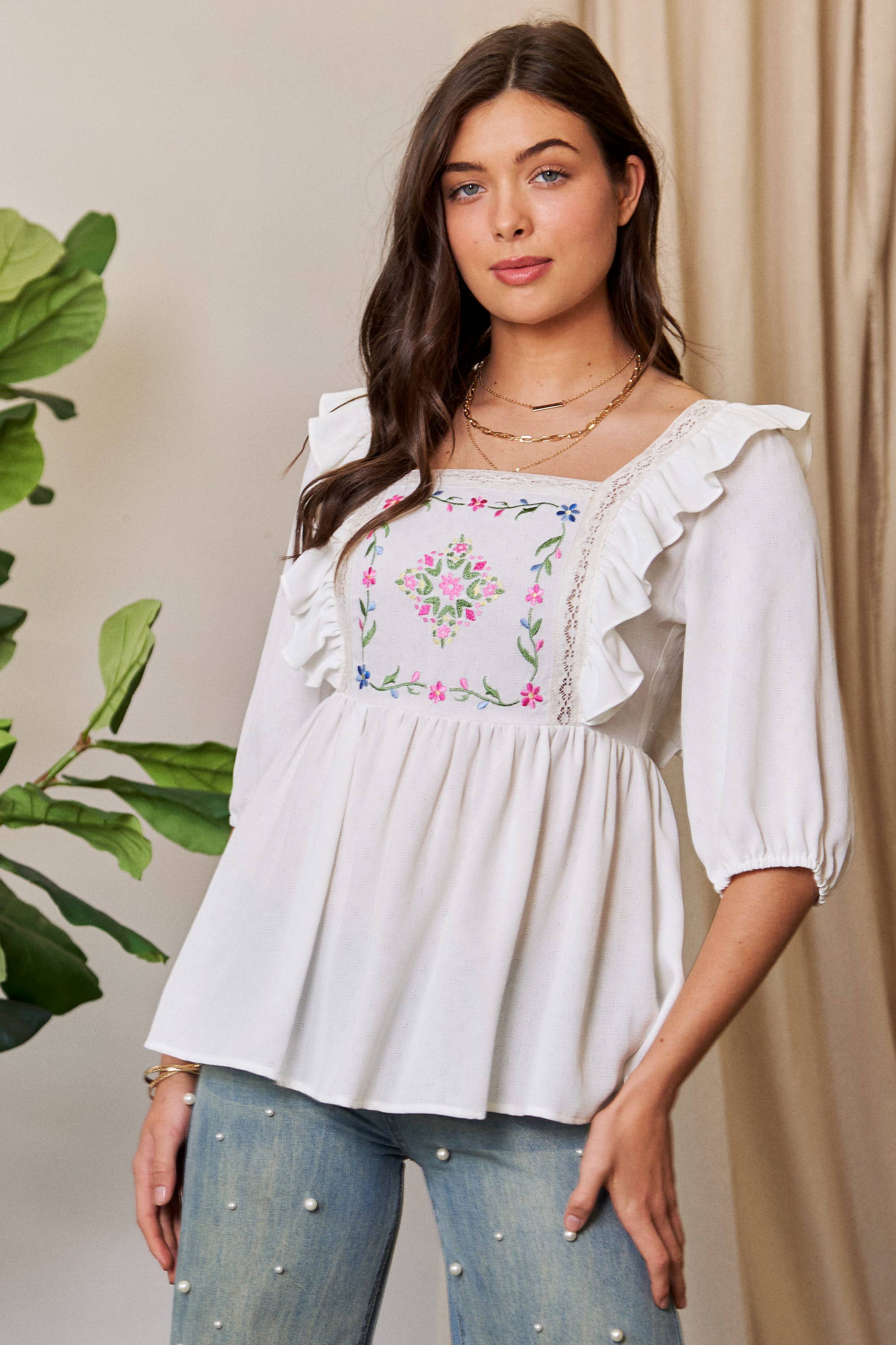 Plus Size Tie Back Floral Embroidery Top
