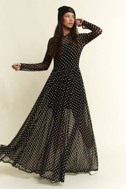 Black polka-dot mesh long-sleeve maxi dress with high neck and flowy, sheer overlay.