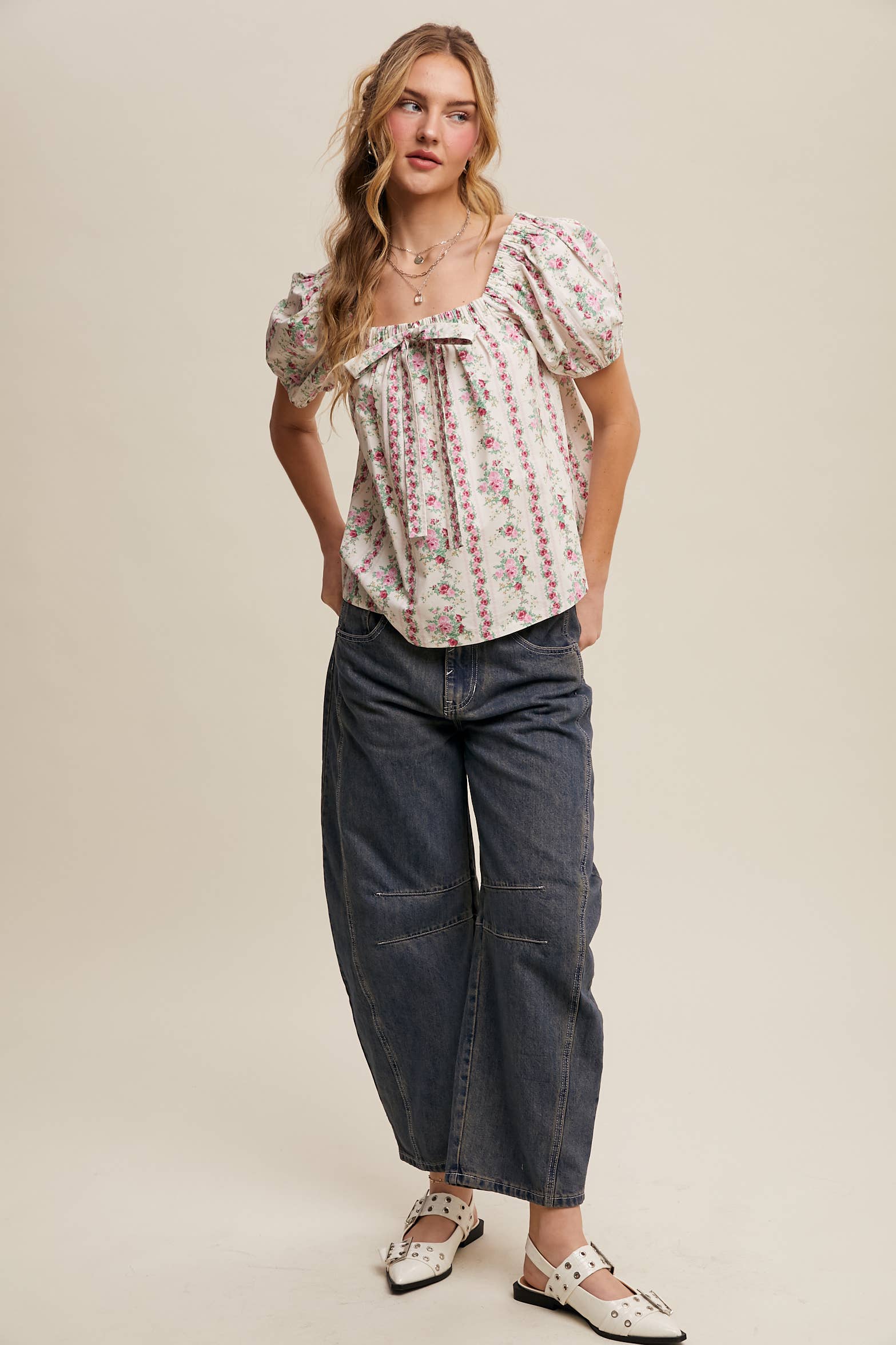 Pink Flower Floral Puff Sleeve Blouse