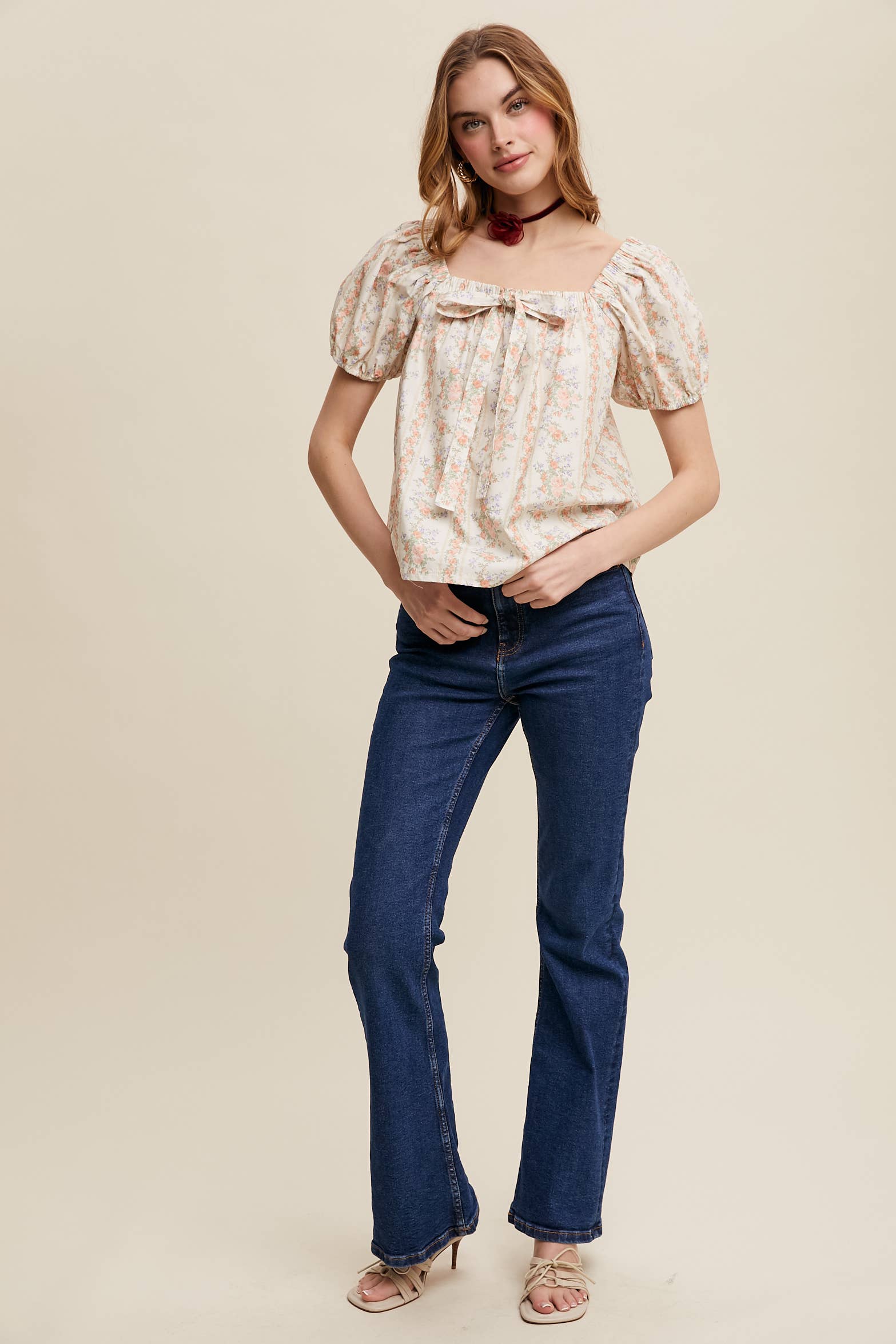 Pink Flower Floral Puff Sleeve Blouse