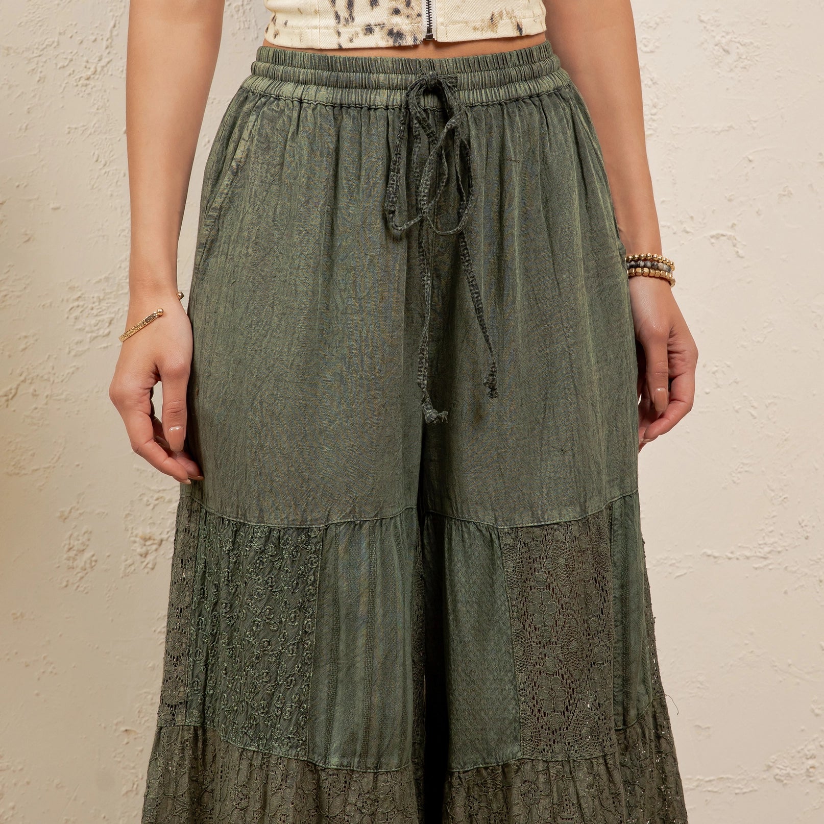 Basil Dream Tiered Palazzo Pants