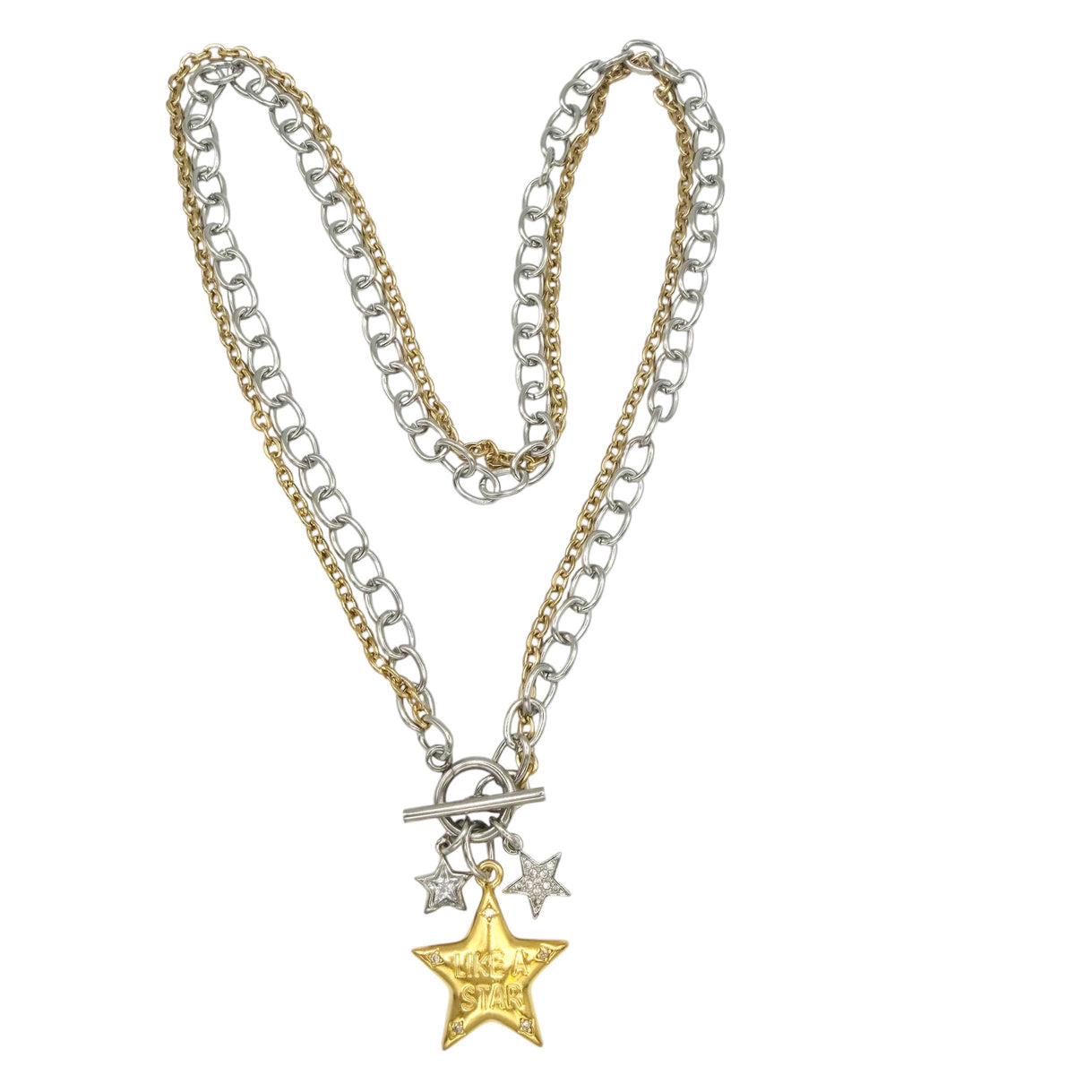 Necklace: Mixed-metal necklace with silver- and gold-tone chains, a toggle clasp, two small silver stars, and a gold star engraved “Like a Star.”