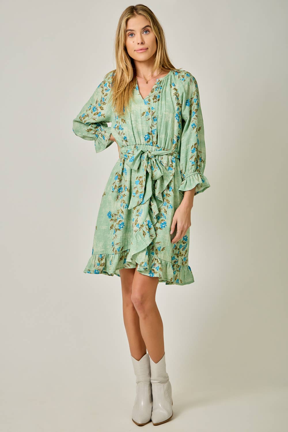 The Valencia Floral Wrap Dress - detail shot of V-neckline and bubble sleeve construction