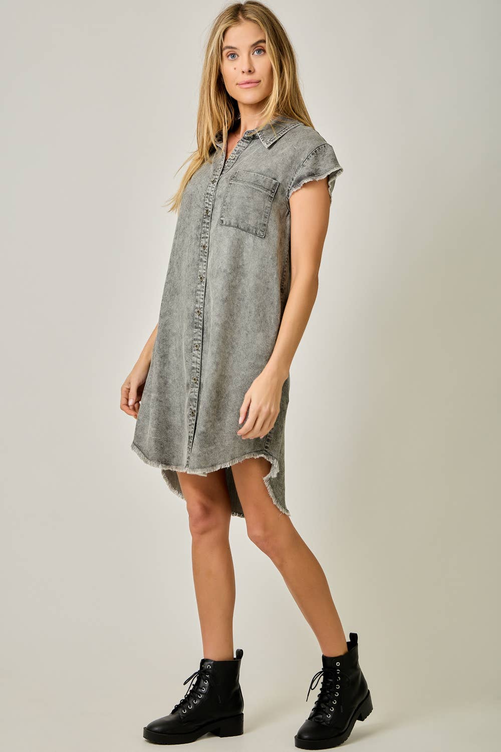 Flutter Sleeve Fringe Hem Tencel Shirt Dress in Washed Black — button-down front, flutter cap sleeves, fringed hi-lo hem, and side pockets