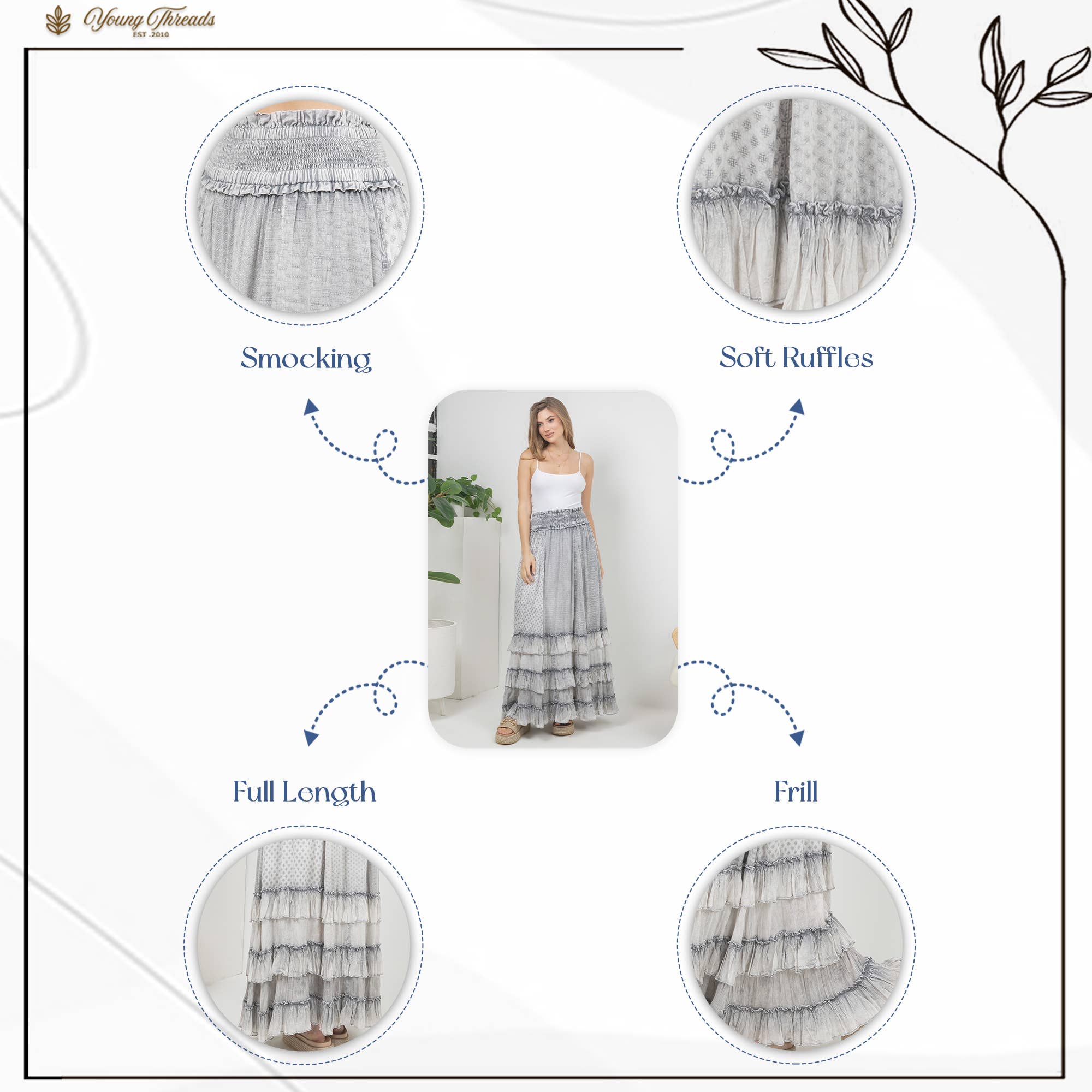 Skirt with smocking, soft ruffles, full length, and frill details on a white background.